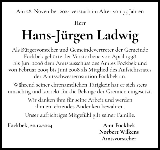 Traueranzeige von Hans-Jürgen Ladwig von Schleswig-Holsteinische Landeszeitung