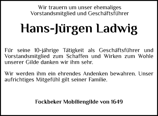 Traueranzeige von Hans-Jürgen Ladwig von Schleswig-Holsteinische Landeszeitung