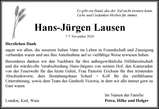 Traueranzeige von Hans-Jürgen Lausen von Eckernförder Zeitung, Hallo Eckernförde