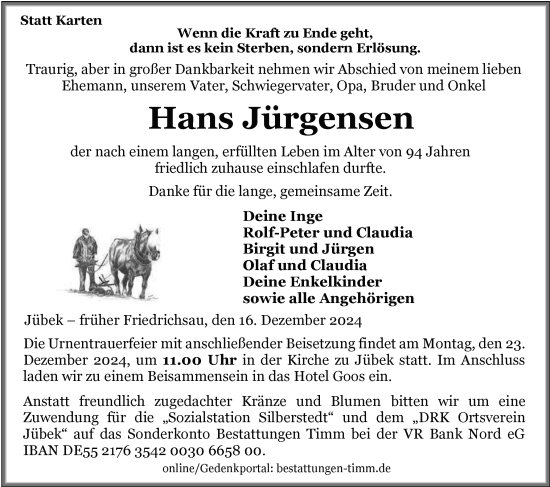 Traueranzeige von Hans Jürgensen von Schleswiger Nachrichten, Schlei-Bote
