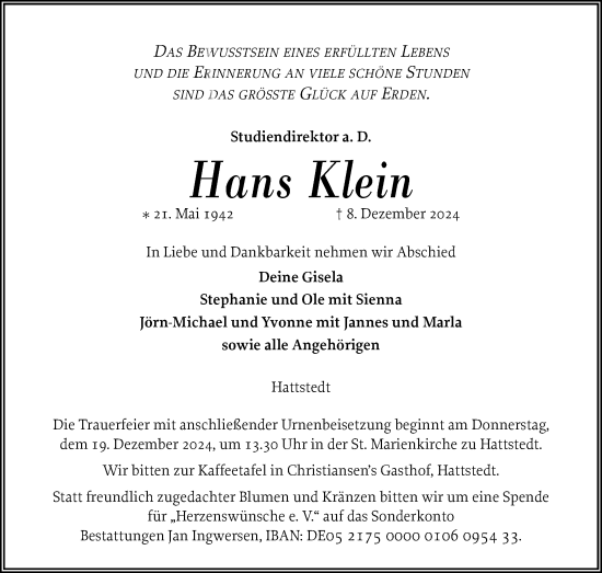 Traueranzeige von Hans Klein von Husumer Nachrichten, Nordfriesland Tageblatt