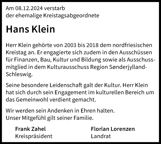 Traueranzeige von Hans Klein von Region Westküste