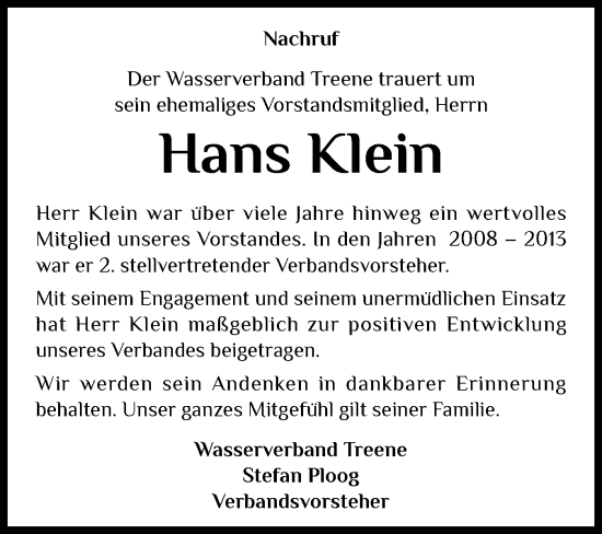 Traueranzeige von Hans Klein von Husumer Nachrichten, Nordfriesland Tageblatt