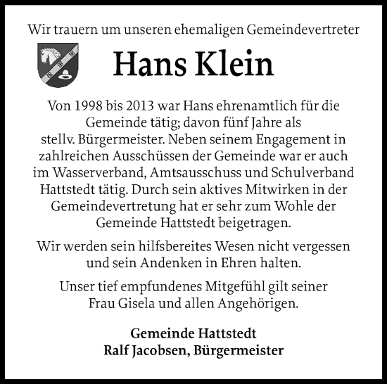 Traueranzeige von Hans Klein von Husumer Nachrichten, Nordfriesland Tageblatt