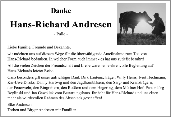 Traueranzeige von Hans-Richard Andresen von Husumer Nachrichten, Nordfriesland Tageblatt