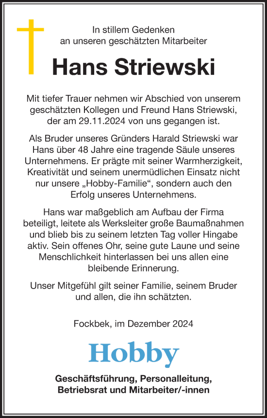 Traueranzeige von Hans Striewski von Schleswig-Holsteinische Landeszeitung