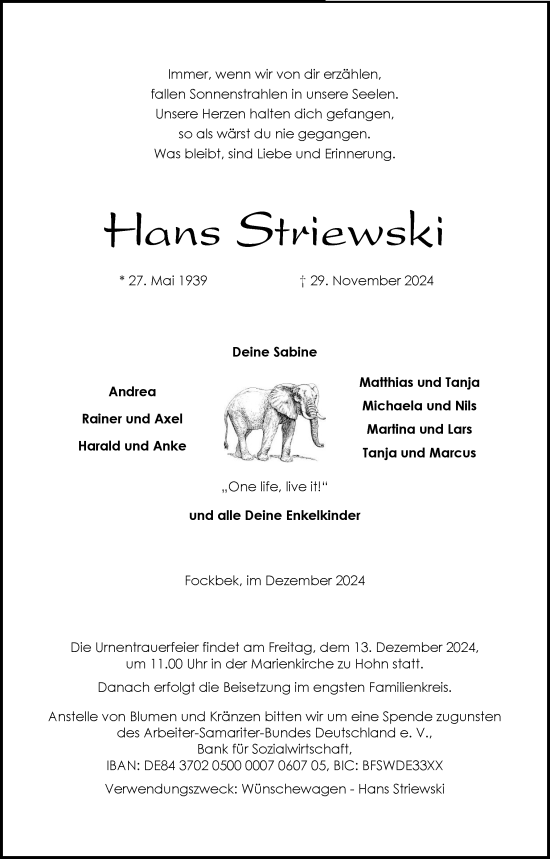 Traueranzeige von Hans Striewski von Schleswig-Holsteinische Landeszeitung