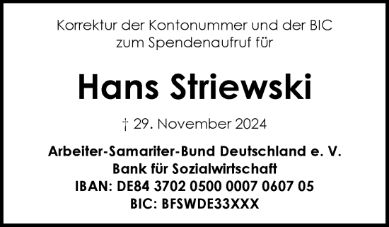 Traueranzeige von Hans Striewski von Schleswig-Holsteinische Landeszeitung