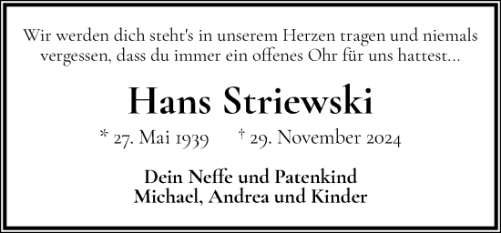Traueranzeige von Hans Striewski von Schleswig-Holsteinische Landeszeitung
