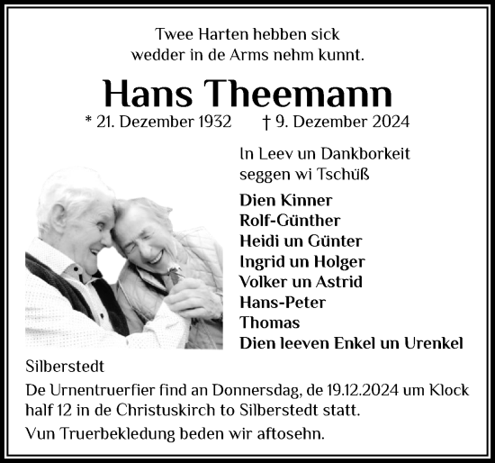 Traueranzeige von Hans Theemann von Region Flensburg