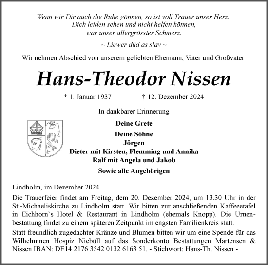 Traueranzeige von Hans-Theodor Nissen von Husumer Nachrichten, Nordfriesland Tageblatt