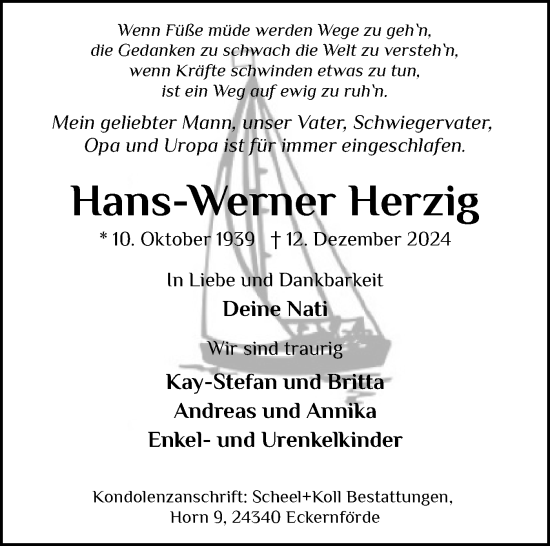 Traueranzeige von Hans-Werner Herzig von Eckernförder Zeitung, Hallo Eckernförde
