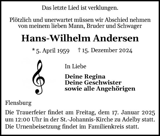 Traueranzeige von Hans-Wilhelm Andersen von Flensburger Tageblatt
