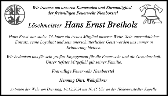 Traueranzeige von Hans Ernst Breiholz von Schleswig-Holsteinische Landeszeitung