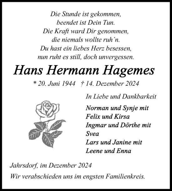 Traueranzeige von Hans Hermann Hagemes von Schleswig-Holsteinische Landeszeitung