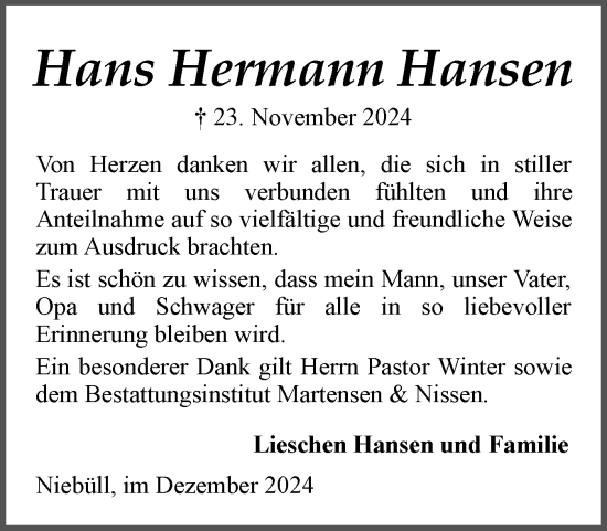 Traueranzeige von Hans Hermann Hansen von Husumer Nachrichten, Nordfriesland Tageblatt
