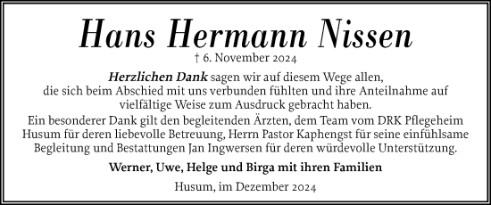 Traueranzeige von Hans Hermann Nissen von Husumer Nachrichten, Nordfriesland Tageblatt
