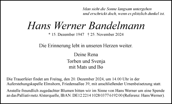 Traueranzeige von Hans Werner Bandelmann von Elmshorner Nachrichten, Barmstedter Zeitung
