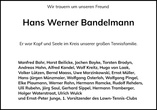 Traueranzeige von Hans Werner Bandelmann von Elmshorner Nachrichten, Barmstedter Zeitung