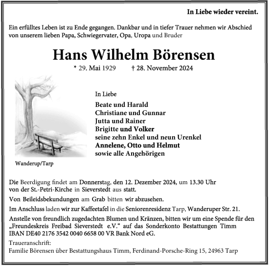 Traueranzeige von Hans Wilhelm Börensen von Flensburger Tageblatt, Schleswiger Nachrichten, Schlei-Bote