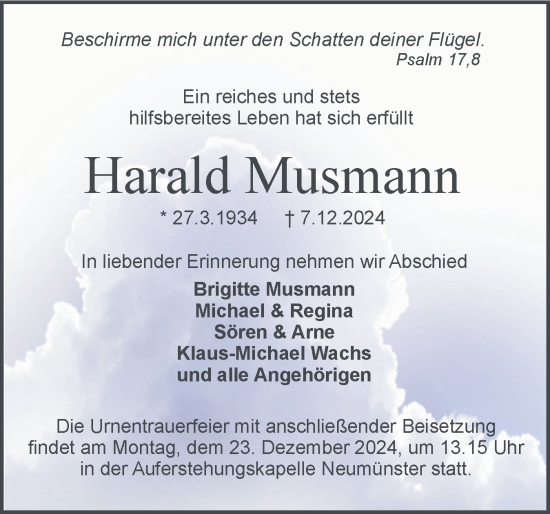 Traueranzeige von Harald Musmann von Holsteinischer Courier