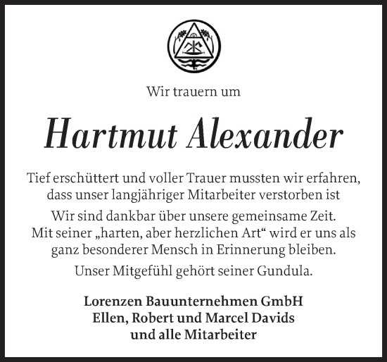 Traueranzeige von Hartmut Alexander von Schleswiger Nachrichten, Schlei-Bote