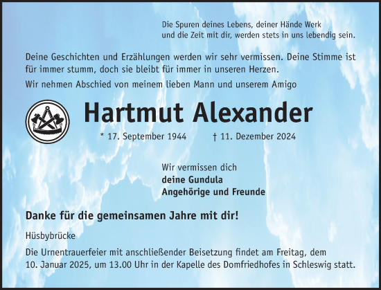 Traueranzeige von Hartmut Alexander von Schleswiger Nachrichten, Schlei-Bote