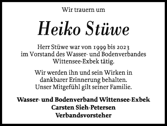 Traueranzeige von Heiko Stüwe von Eckernförder Zeitung