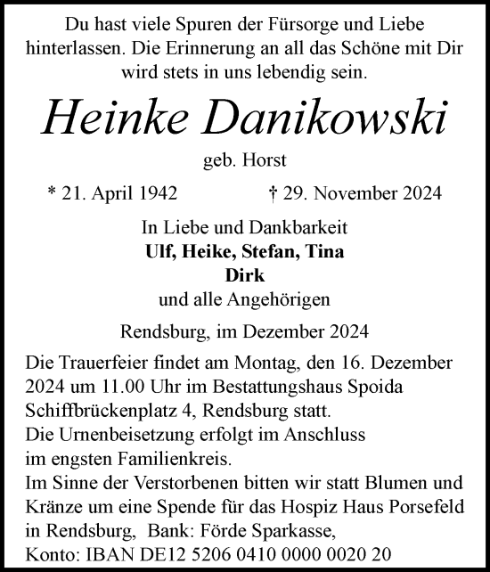Traueranzeige von Heinke Danikowski von Schleswig-Holsteinische Landeszeitung