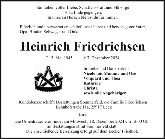Traueranzeige von Heinrich Friedrichsen von Husumer Nachrichten, Nordfriesland Tageblatt