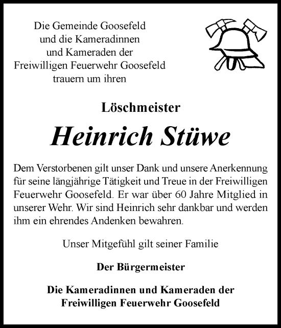 Traueranzeige von Heinrich Stüwe von Eckernförder Zeitung, Hallo Eckernförde
