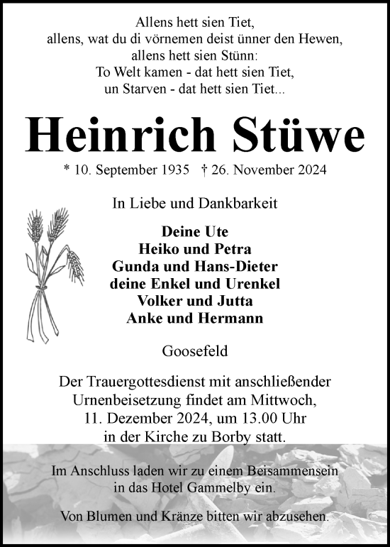 Traueranzeige von Heinrich Stüwe von Eckernförder Zeitung, Hallo Eckernförde