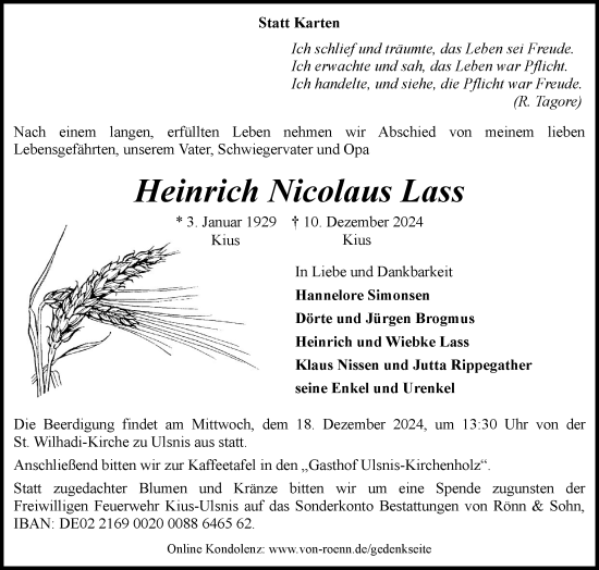 Traueranzeige von Heinrich Nicolaus Lass von Schleswiger Nachrichten, Schlei-Bote