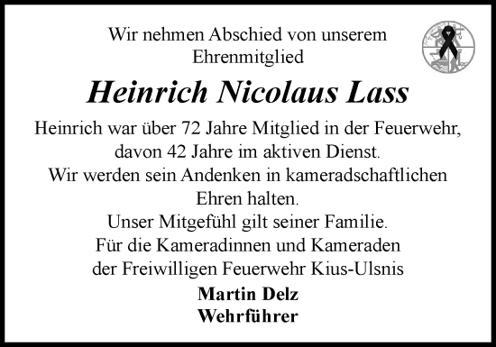 Traueranzeige von Heinrich Nicolaus Lass von Schleswiger Nachrichten, Schlei-Bote