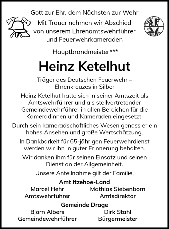 Traueranzeige von Heinz Ketelhut von Norddeutsche Rundschau, Wilstersche Zeitung, Glückstädter Fortuna
