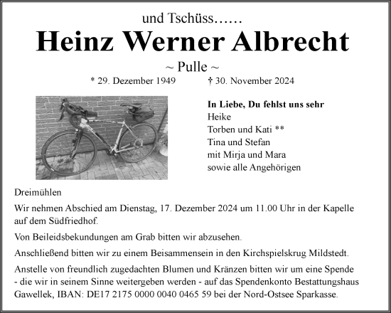 Traueranzeige von Heinz Werner Albrecht von Husumer Nachrichten, Nordfriesland Tageblatt