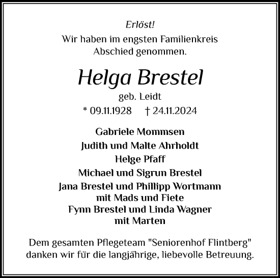 Traueranzeige von Helga Brestel von Eckernförder Zeitung, Hallo Eckernförde