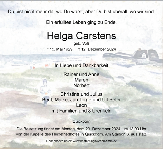Traueranzeige von Helga Carstens von Region Pinneberg und tip Pinneberg