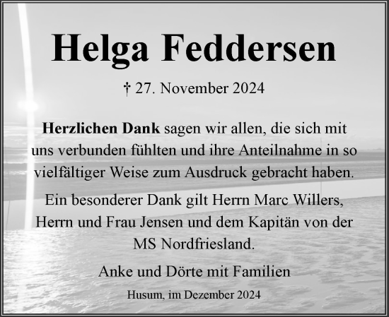 Traueranzeige von Helga Feddersen von Husumer Nachrichten, Nordfriesland Tageblatt
