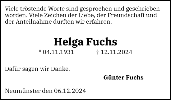 Traueranzeige von Helga Fuchs von Holsteinischer Courier
