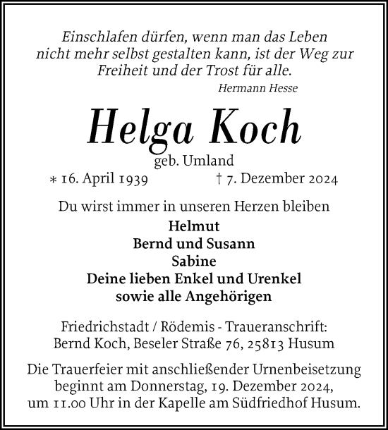 Traueranzeige von Helga Koch von Husumer Nachrichten, Nordfriesland Tageblatt