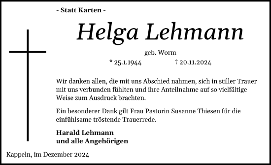 Traueranzeige von Helga Lehmann von Flensburger Tageblatt, Schleswiger Nachrichten, Schlei-Bote