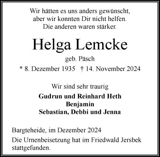 Traueranzeige von Helga Lemcke von Stormaner Tageblatt