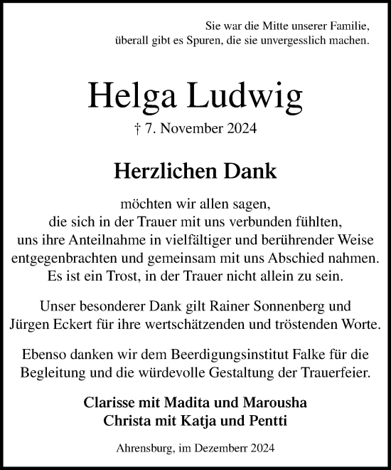 Traueranzeige von Helga Ludwig von Stormaner Tageblatt