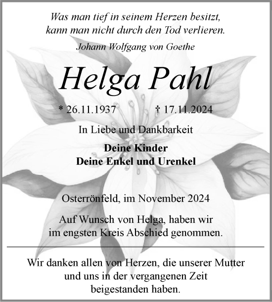 Traueranzeige von Helga Pahl von Schleswig-Holsteinische Landeszeitung