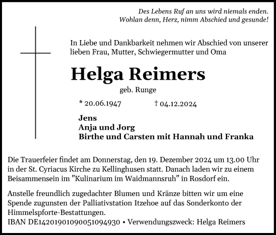 Traueranzeige von Helga Reimers von Norddeutsche Rundschau, Wilstersche Zeitung, Glückstädter Fortuna