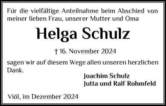 Traueranzeige von Helga Schulz von Husumer Nachrichten, Nordfriesland Tageblatt