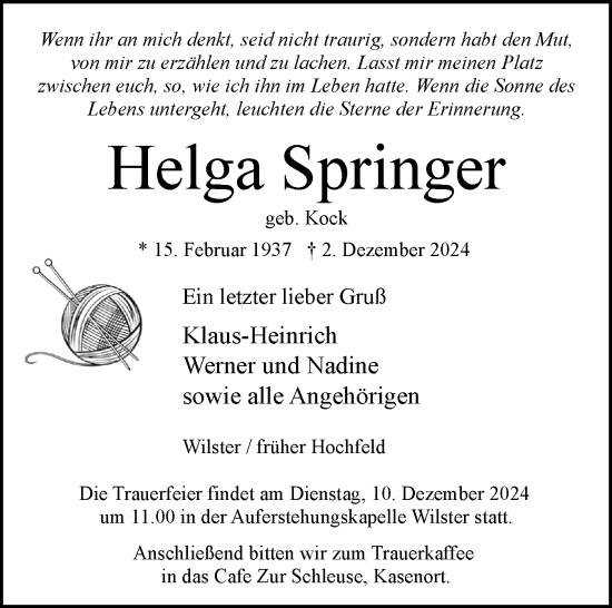 Traueranzeige von Helga Springer von Norddeutsche Rundschau, Wilstersche Zeitung, Glückstädter Fortuna