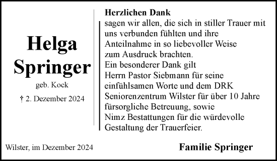 Traueranzeige von Helga Springer von Norddeutsche Rundschau, Wilstersche Zeitung, Glückstädter Fortuna