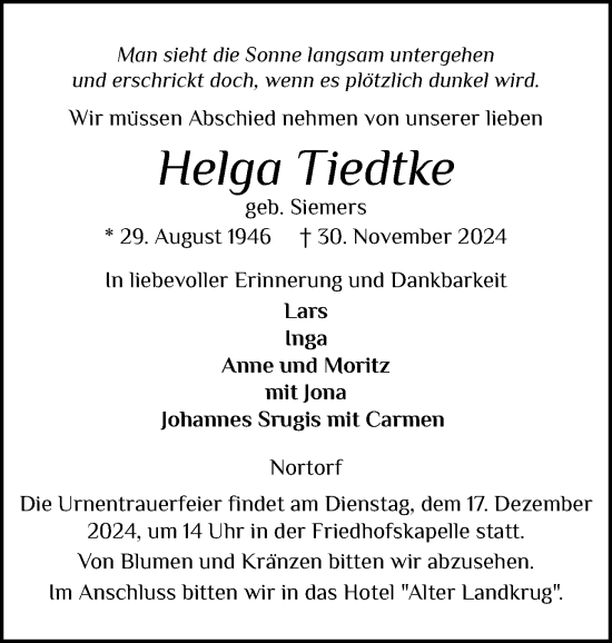 Traueranzeige von Helga Tiedtke von Schleswig-Holsteinische Landeszeitung